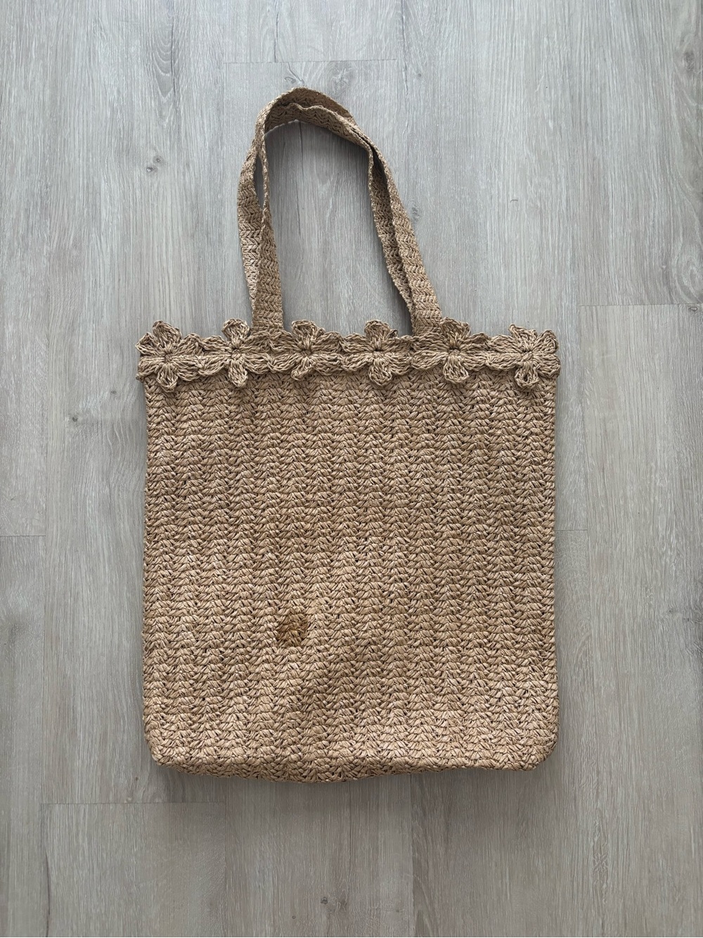 Woven Straw Tote Bag with Floral Trim - Natural